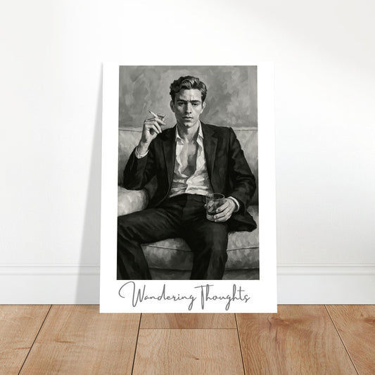 Contemplative Mood Poster. Stylish Man with Whiskey & Cigarette