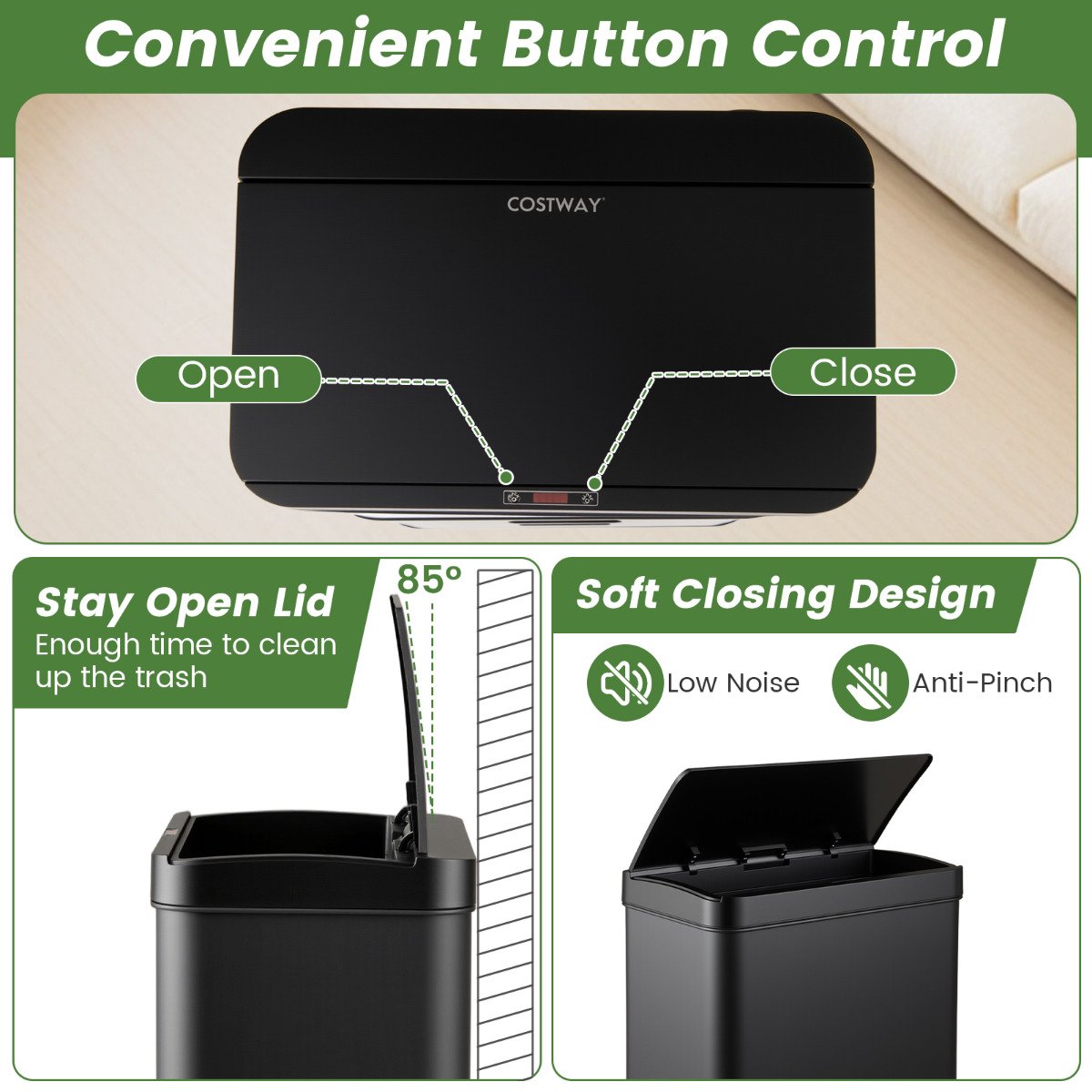 56L Stainless Steel Trash Can Touchless Recycling Garbage Bin-Black
