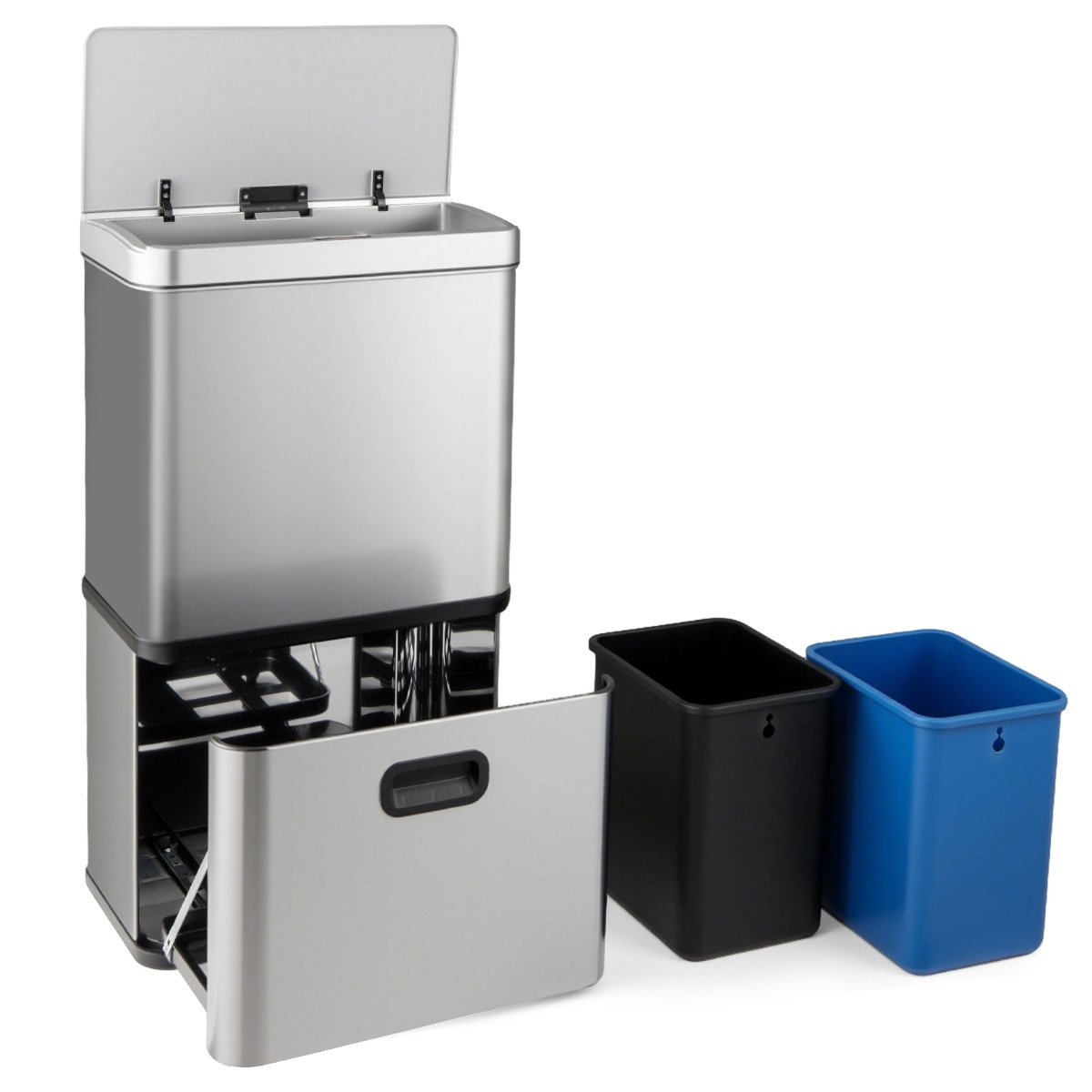 56L Stainless Steel Trash Can Touchless Recycling Garbage Bin-Black