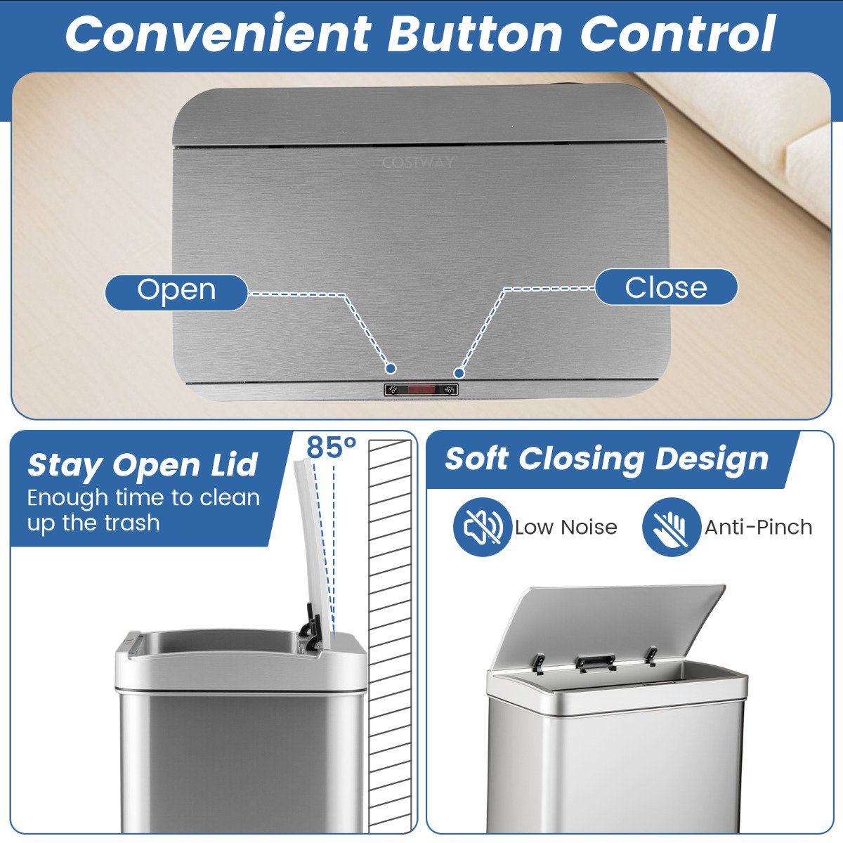56L Stainless Steel Trash Can Touchless Recycling Garbage Bin-Black
