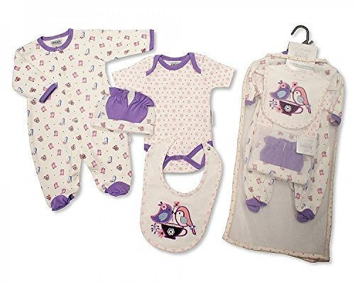 Brand New Baby Girl Jersey Cotton 5 Piece Clothing Gift Set Sleepsuit, Vest, Bib, Hat & mitts Pink Birds 3 Sizes (0-3mths)