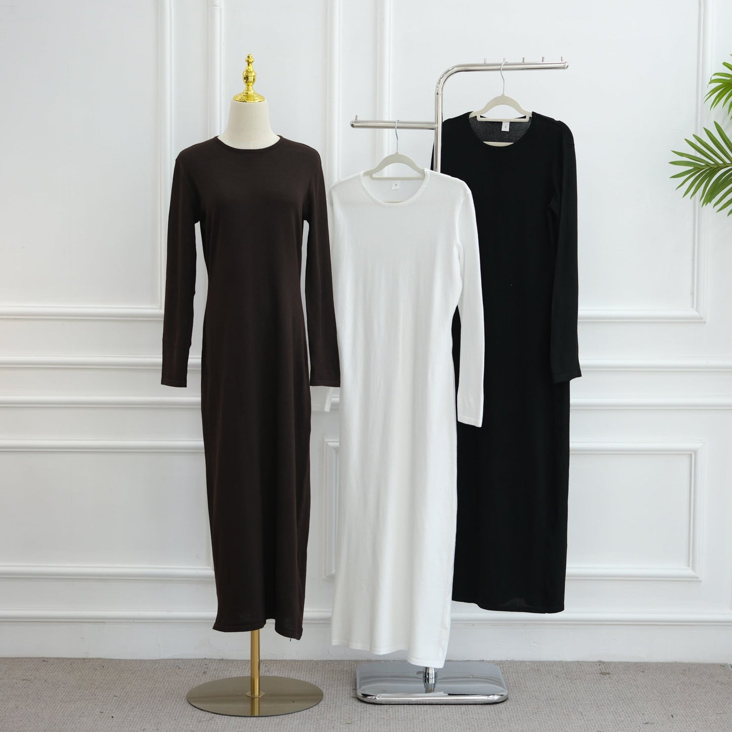 Elegant Hollow-Out Knit Dress - Modest A-Line Long Sleeve