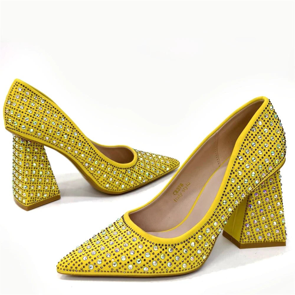 Elegant Women's Yellow PointShoes and Bag Set Rhinestone For Party And Wedding