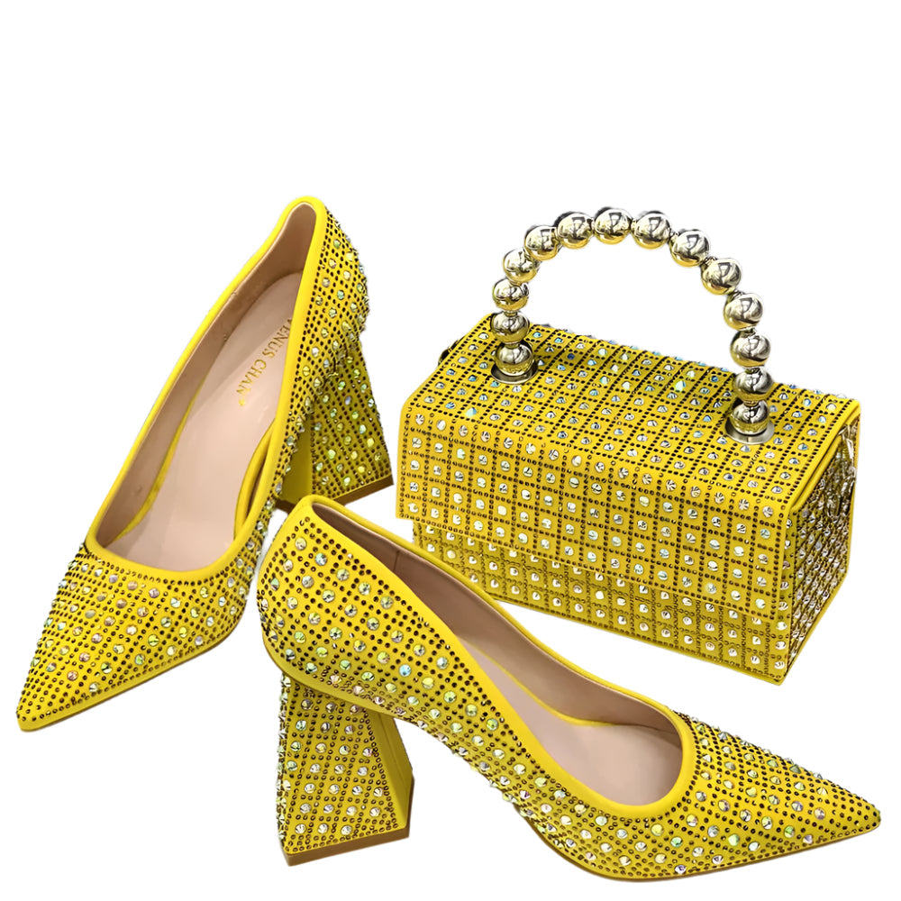 Elegant Women's Yellow PointShoes and Bag Set Rhinestone For Party And Wedding