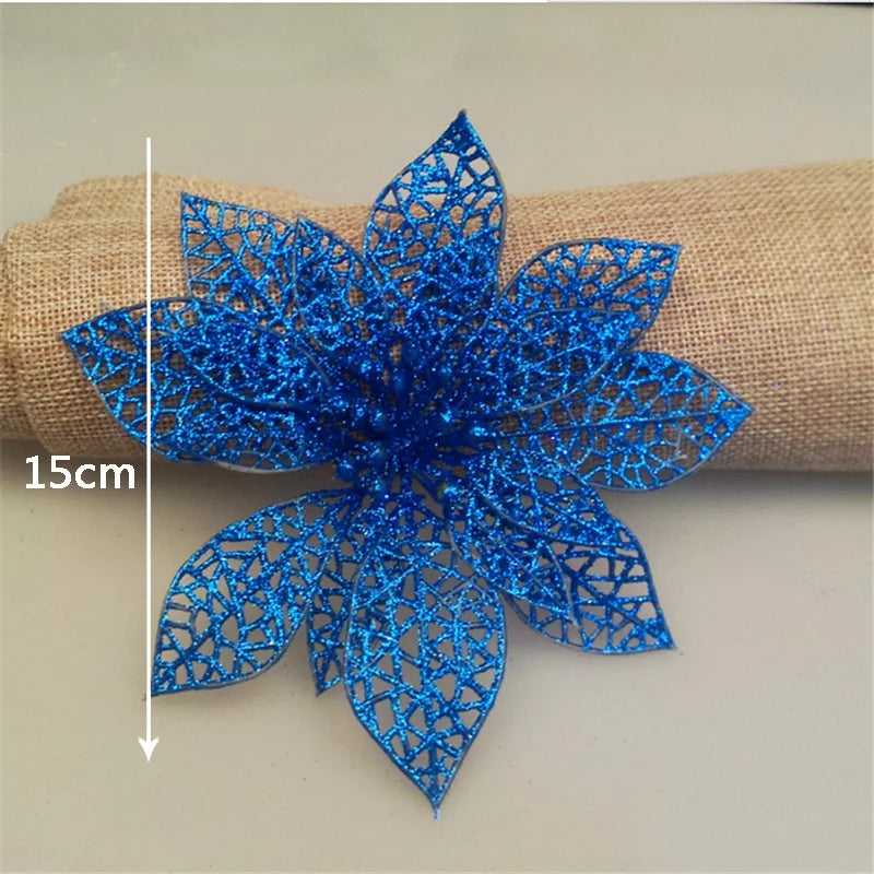 10Pcs/Set Christmas Flowers Xmas Christmas Tree Decorations Glitter Hollow Wedding Party Decor Gold/Silver/Red/Green/Blue 8Z