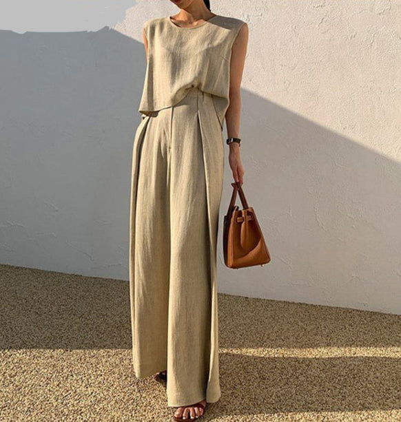 Cotton And Linen Casual Sleeveless Top Wide Leg Pants Two-piece Set