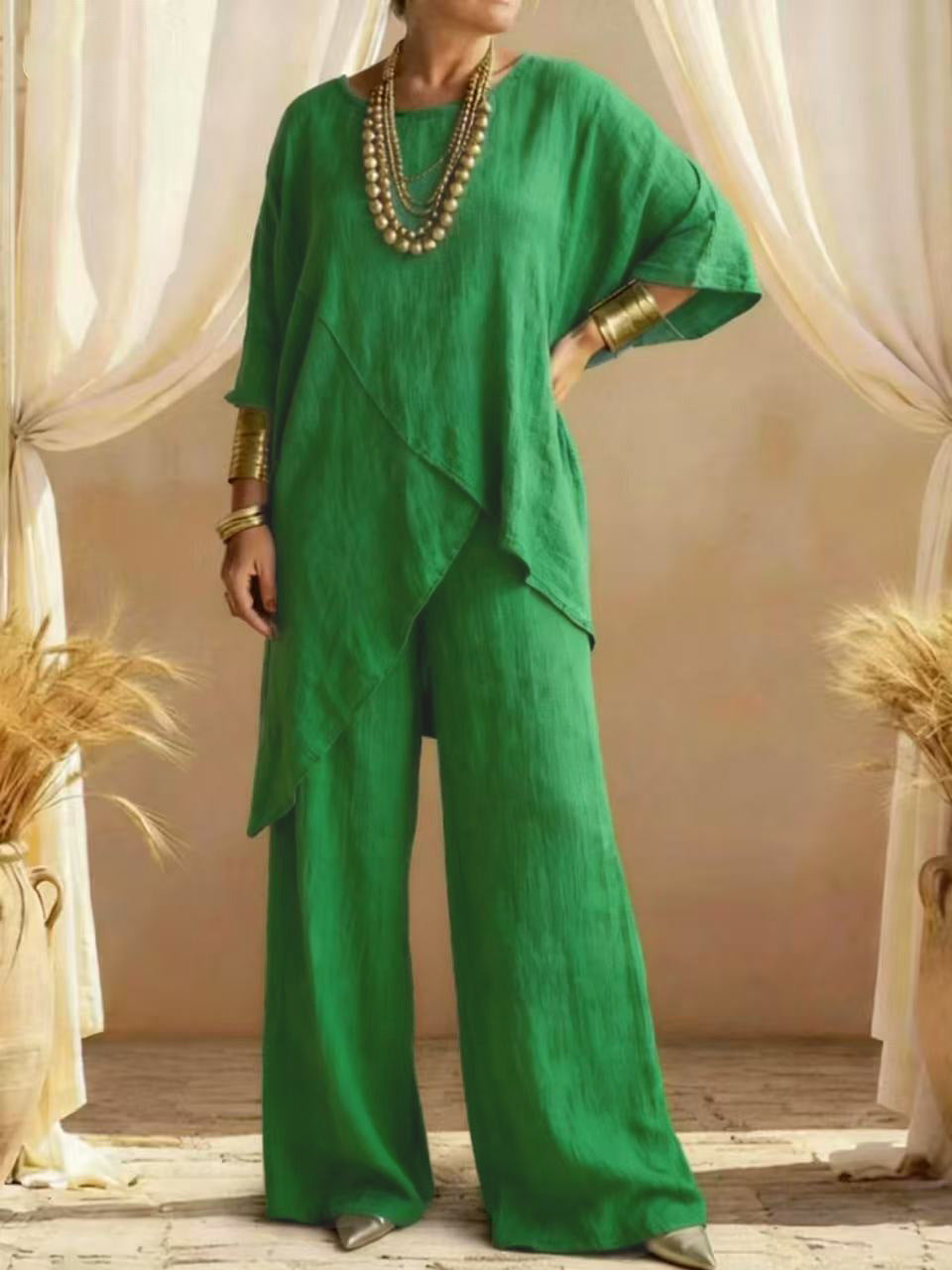Womens Cotton-linen Crew-neck Loose Casual Two-pieces Set