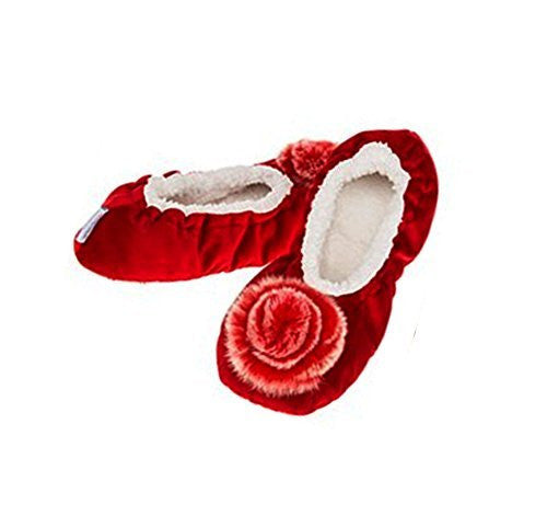 Luxury Deep Red Velvet  Fur effect  Pom-Pom Snoozies Ballet Slippers  Ladies UK Sizes 3 to 7 (SMALL UK 3-4)