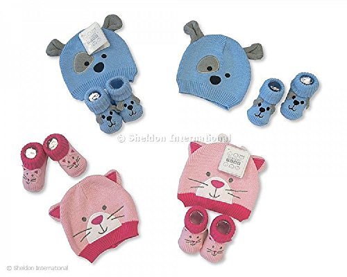 Nursery Time NT0683 100% cotton knitted set of Hat and Booties in Pink or Blue. Available for age 0-12 months (Blue)