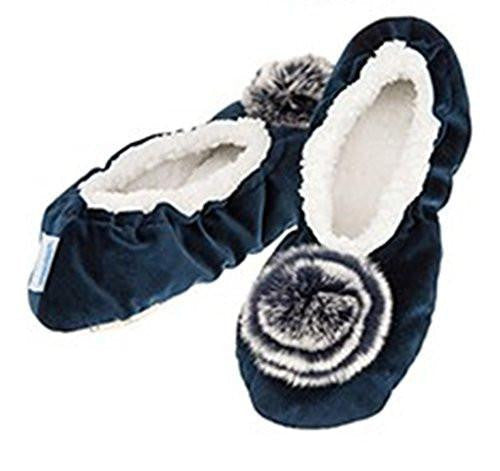 Luxury Deep Navy Velvet Pom-Pom Snoozies Ballet Slippers - Ladies UK Sizes  UK 3-4