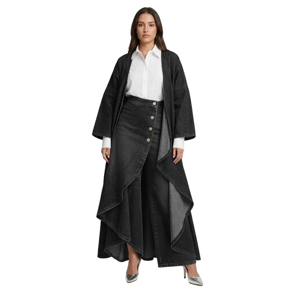Ruffled Buttoned Trousers, Women's Faux Denim Pants| Premium Modest Fashion