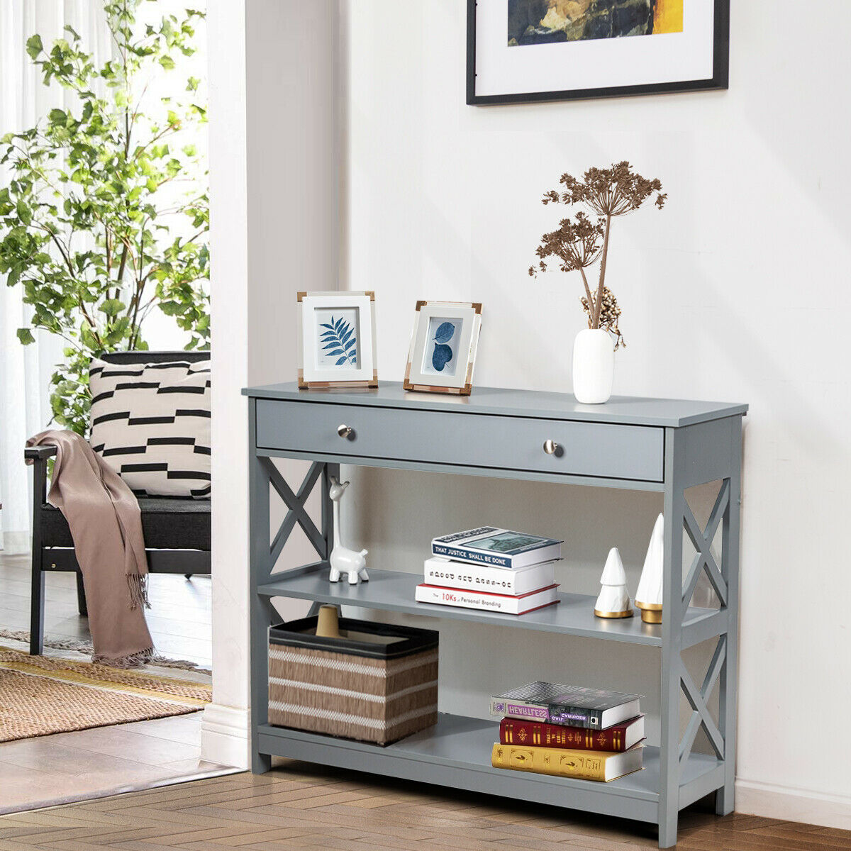 3-Tier Console Table with 1 Drawer and 2 Storage Shelves-Turquoise