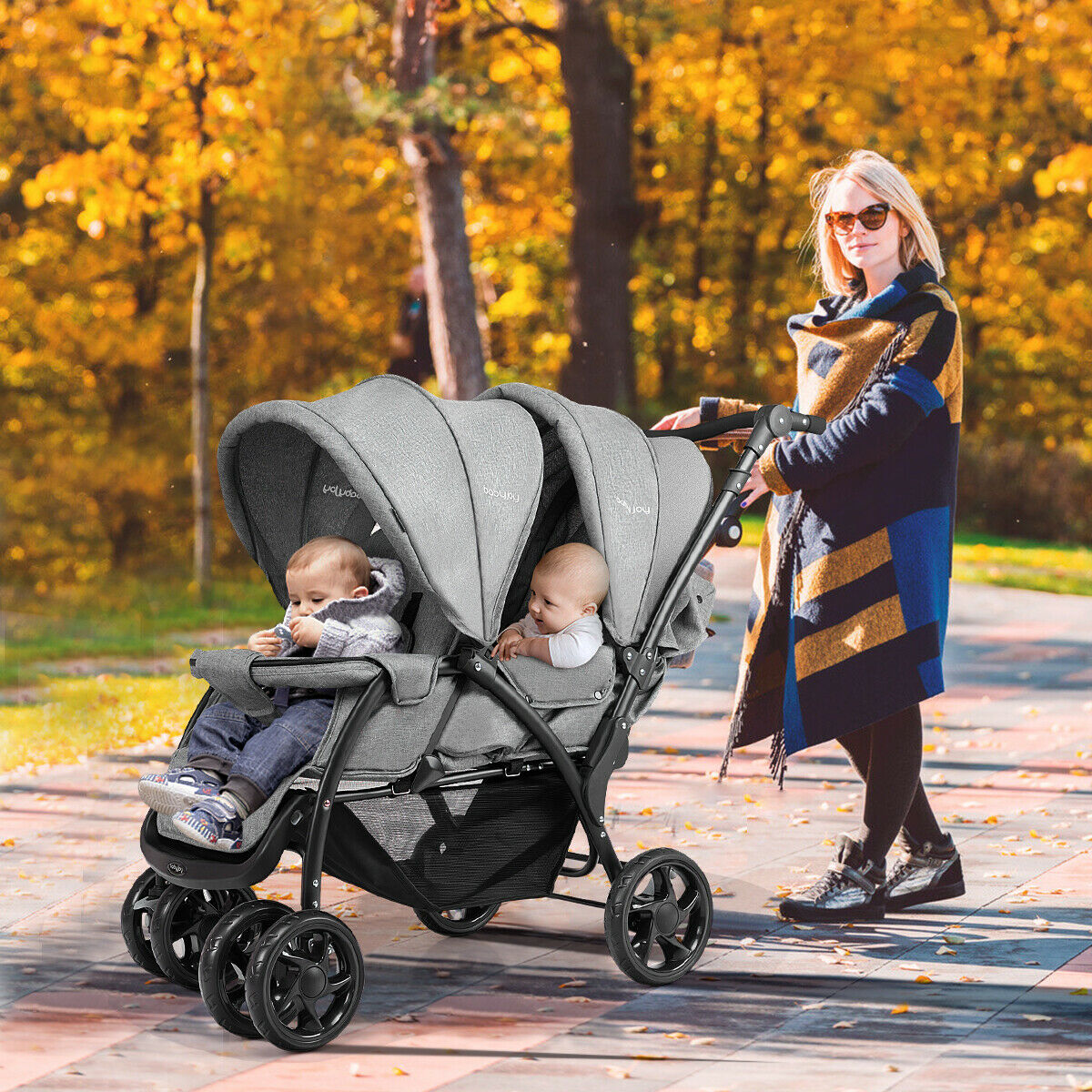 Double Pushchair with Adjustable Backrest and Sunshade-Blue