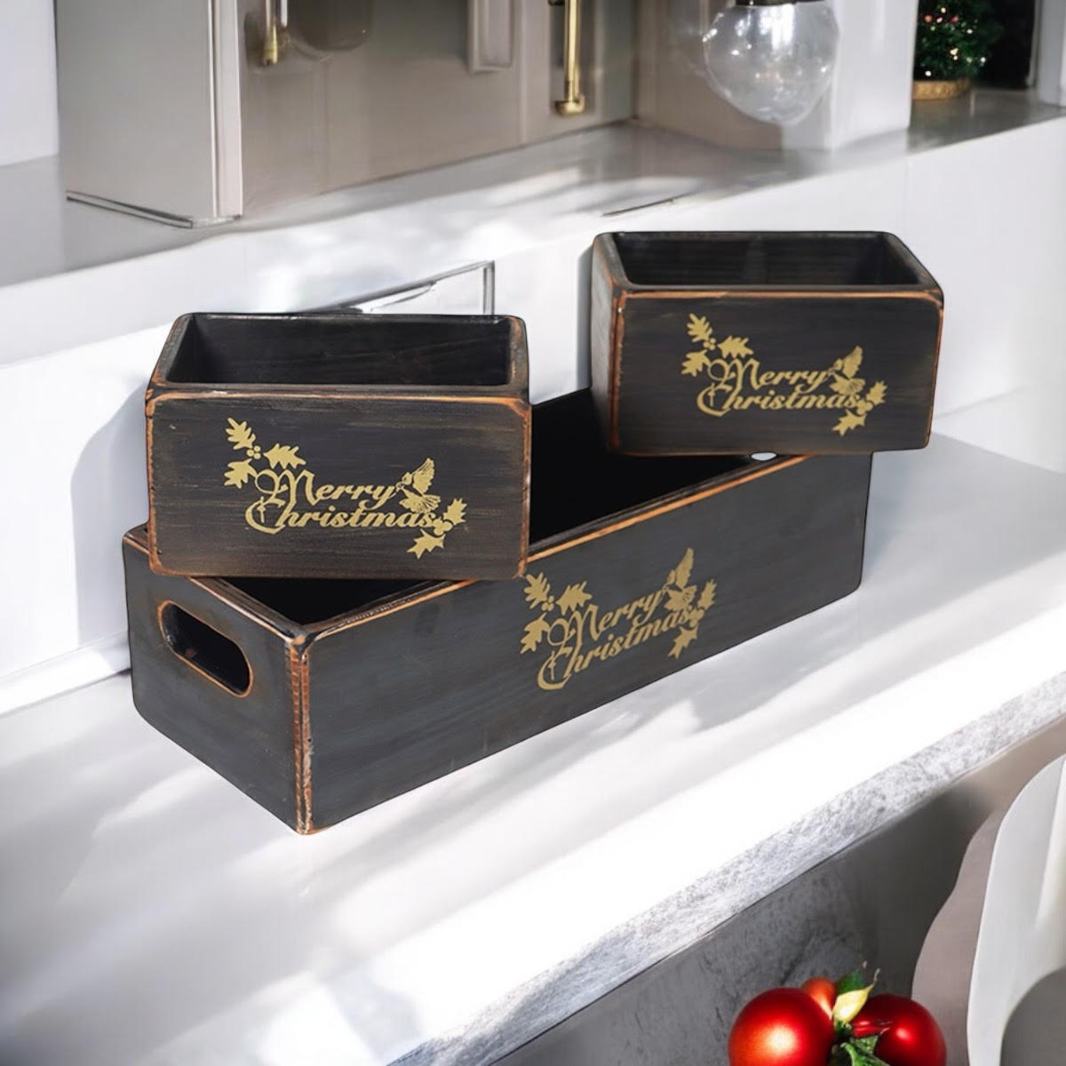 34/15/15CM SET 3 BL;ACK WOODEN BOXES