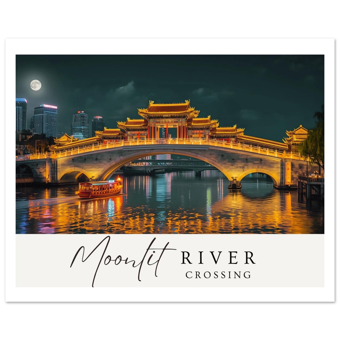 Moonlit River Crossing Poster - Illuminated Bridge Night Scene - Modern Landscape Wall Art Print