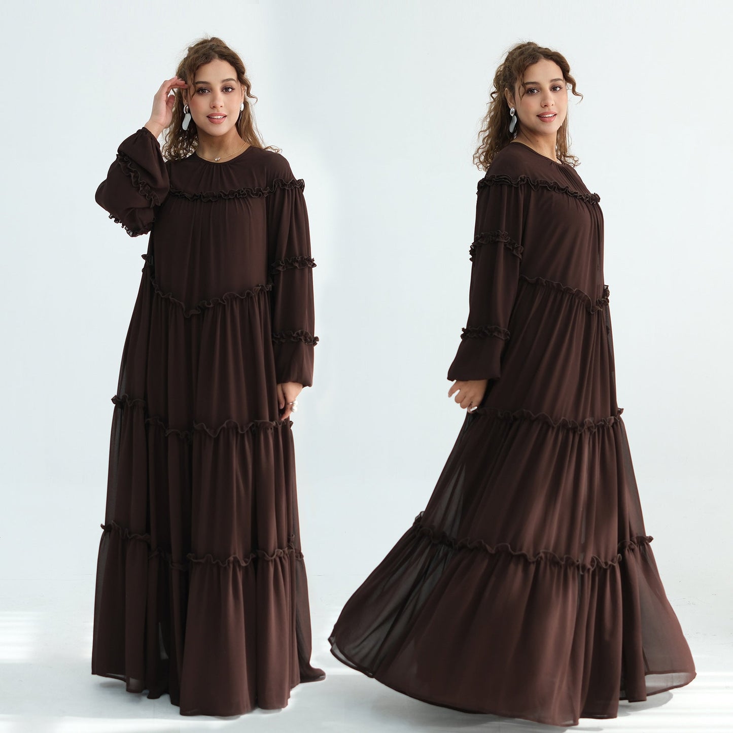 Lace-Trimmed Tiered Modest Dress - Long Sleeve A-Line Maxi
