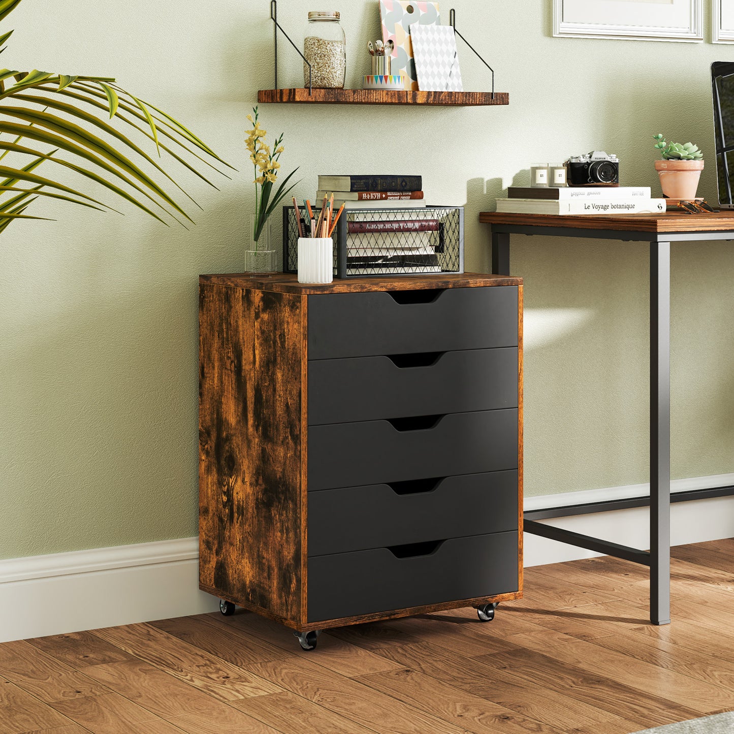5 Drawer Chest with Lockable Wheels for Home Office-Black