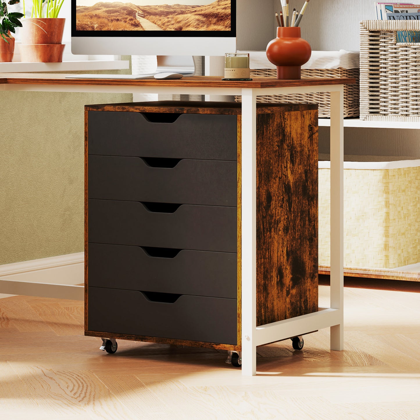 5 Drawer Chest with Lockable Wheels for Home Office-Black