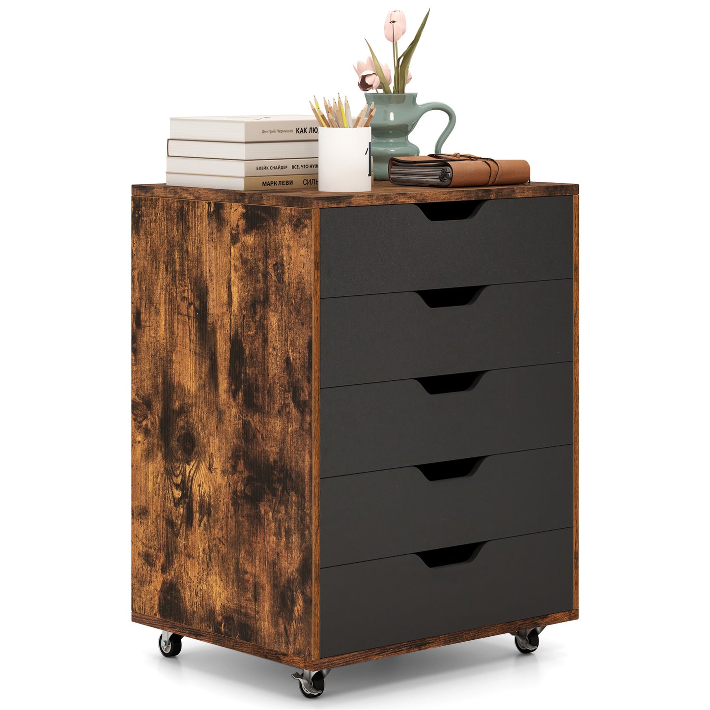 5 Drawer Chest with Lockable Wheels for Home Office-Black