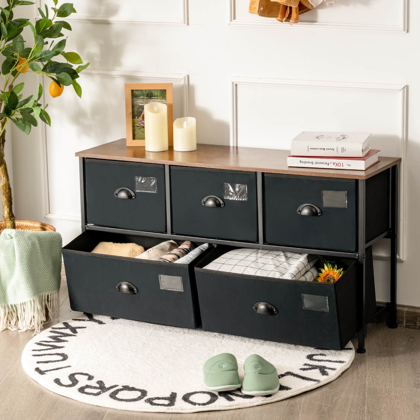 5-Drawer Storage Dresser with Labels and Removable Fabric Bins-Black