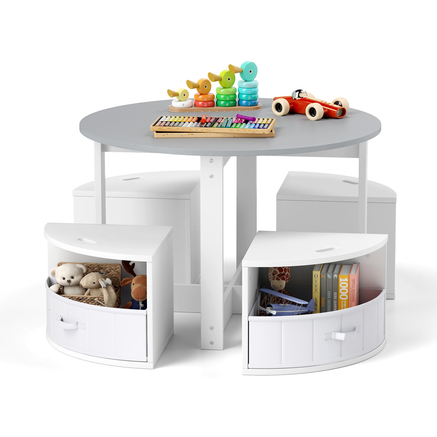 5 Piece Kids Table and Chair Set Round for 4 with 4 Fabric Drawers-Grey