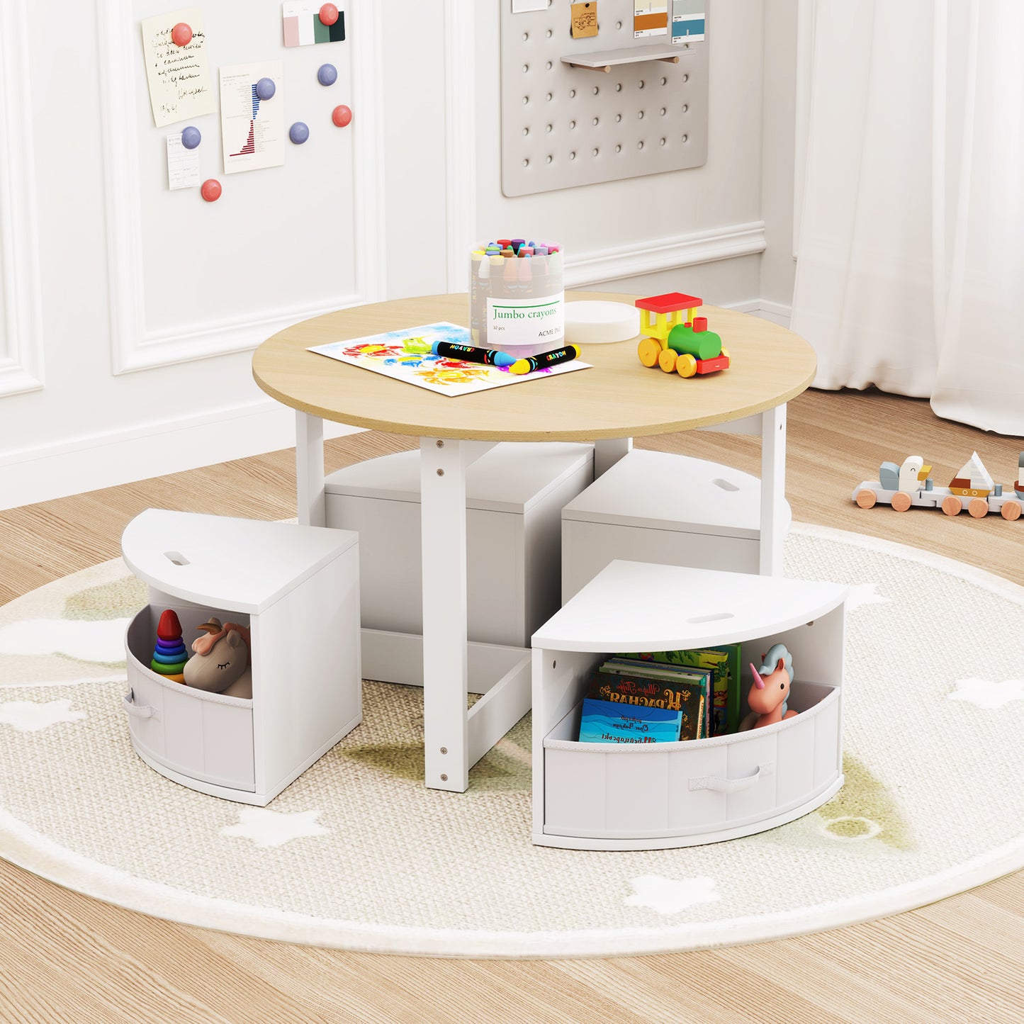 5 Piece Kids Table and Chair Set Round for 4 with 4 Fabric Drawers-Grey