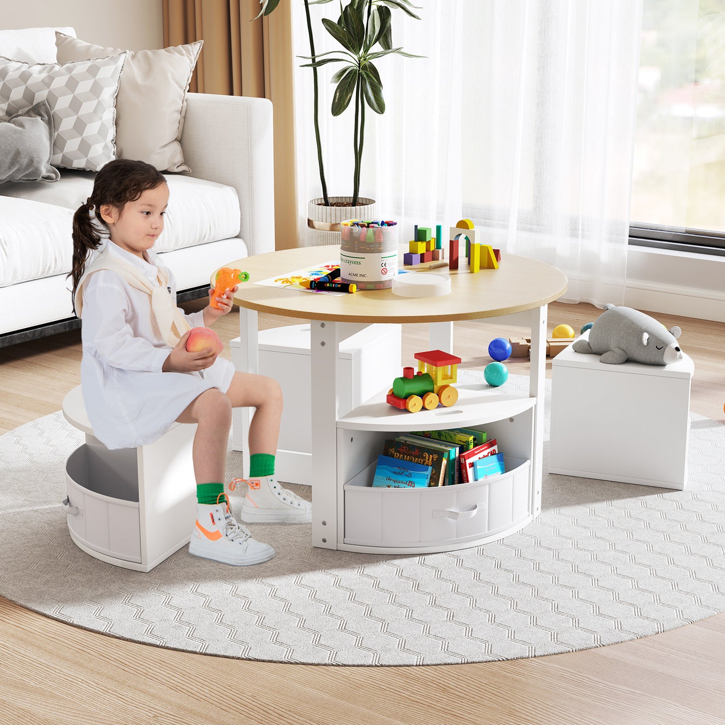 5 Piece Kids Table and Chair Set Round for 4 with 4 Fabric Drawers-Grey