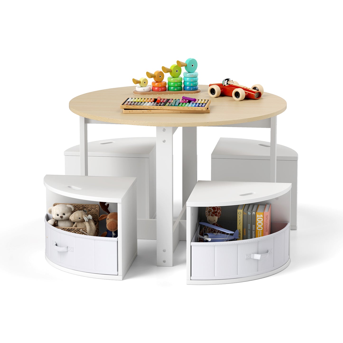 5 Piece Kids Table and Chair Set Round for 4 with 4 Fabric Drawers-Grey