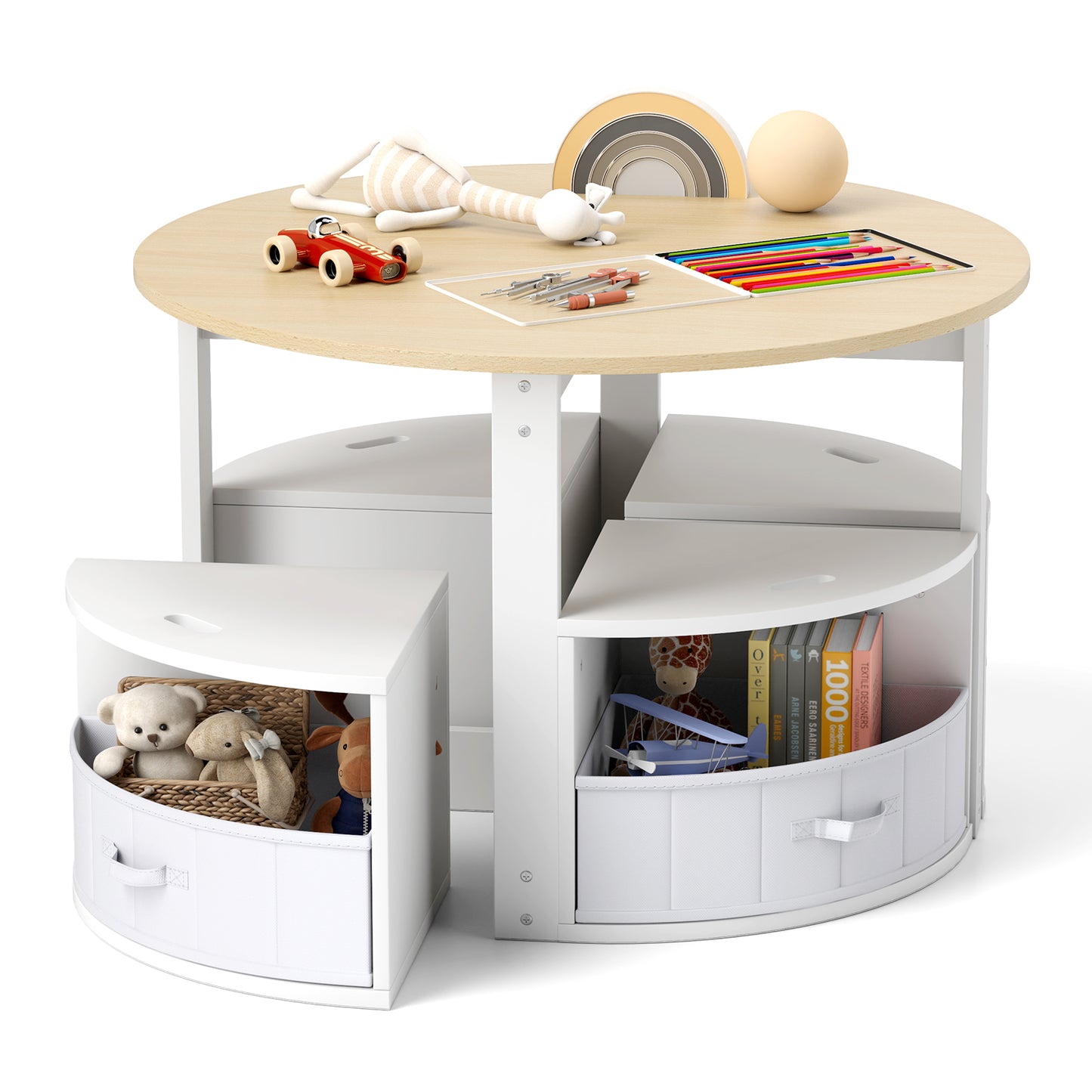 5 Piece Kids Table and Chair Set Round for 4 with 4 Fabric Drawers-Grey