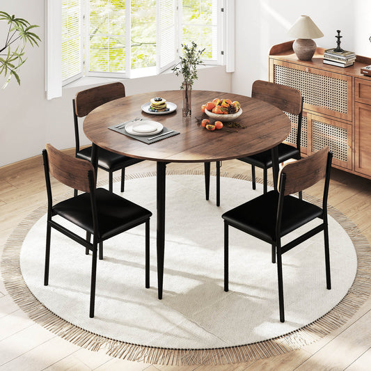 5-Piece Dining Furniture Set Round Table Set with Drop Leaf Tabletop-Brown