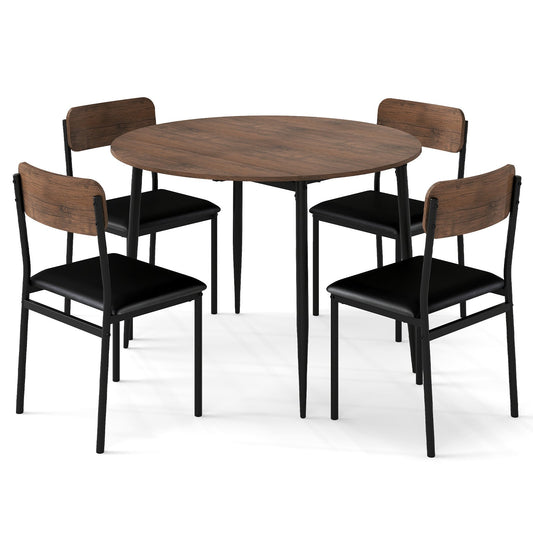 5-Piece Dining Furniture Set Round Table Set with Drop Leaf Tabletop-Brown
