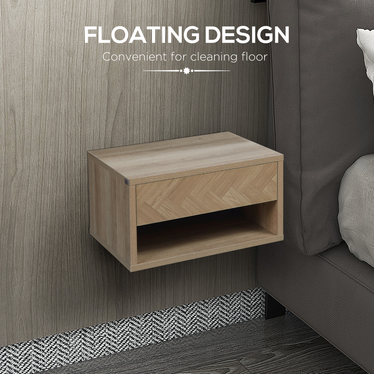 HOMCOM Floating Bedside Table Set of 2 Wall Mounted Nightstand W/ Drawer Natural