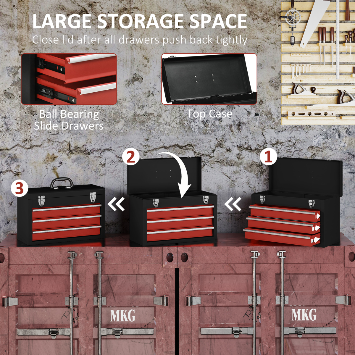 3 Drawer Tool Chest Lockable Tool Box w/ Ball Bearing Runners 51cmx22cmx32cm