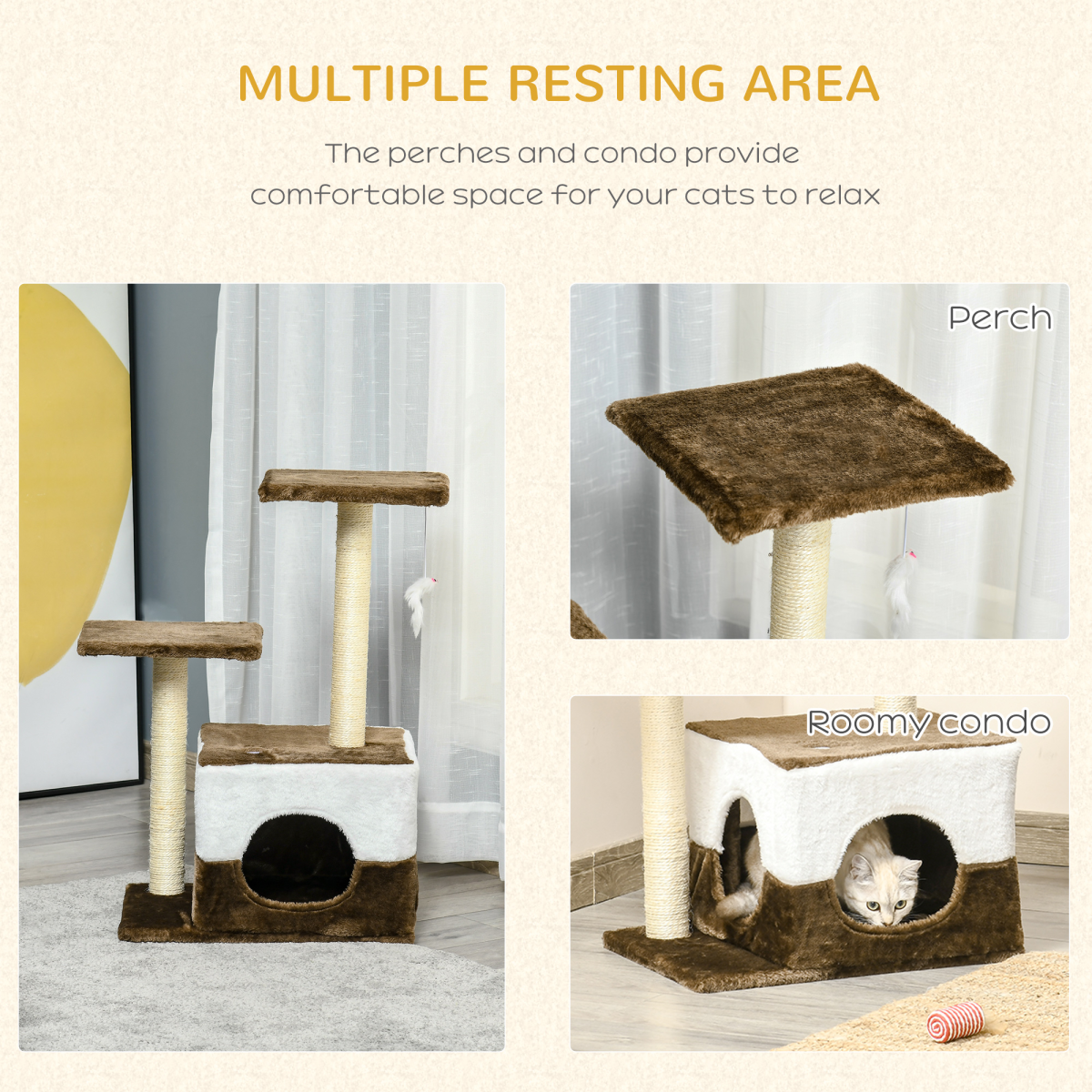 Cat Tree w/ Sisal Scratching Posts, House, Perches, Toy Mouse - Brown Pawhut