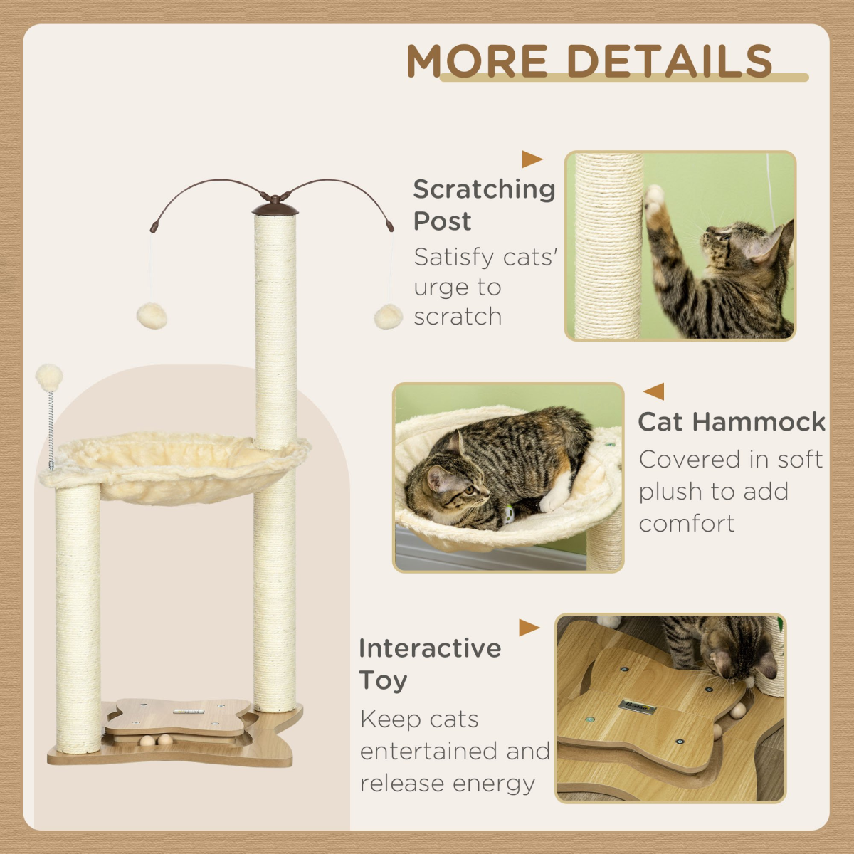 Cat Tree for Indoor Cats w/ Scratching Posts Hammock, Toy Ball - Beige Pawhut