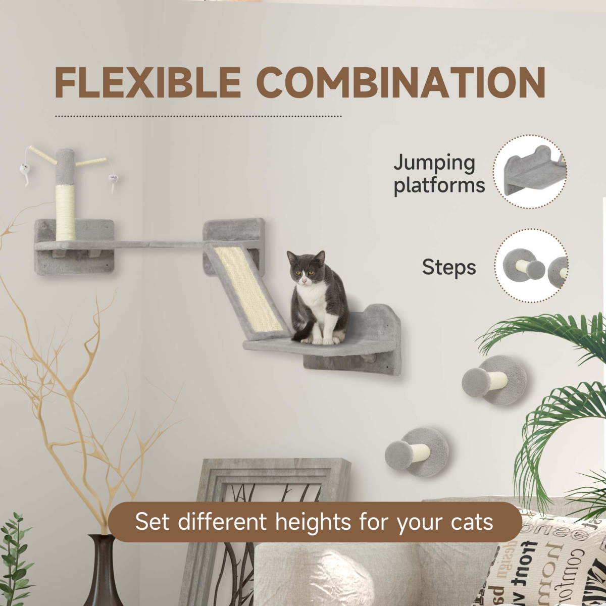 PawHut 3PCs Corner Design Cat Wall Shelves Furniture, Light Grey