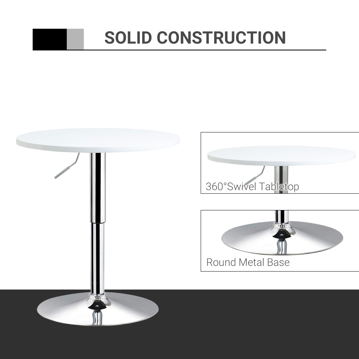 60cm Adjustable Height Round Bar Table w/ Swivel Top Metal Frame White