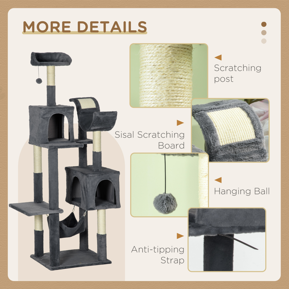 PawHut 177cm Cat Tree for Indoor Cats, Modern Cat Tower with Hammock - Dark Grey