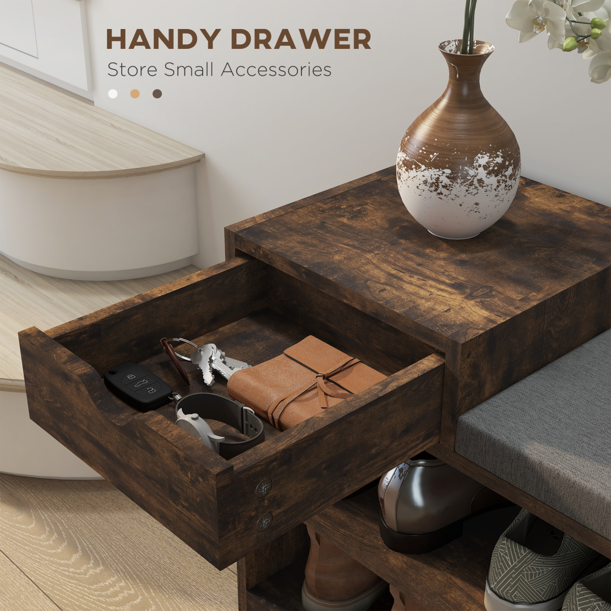 HOMCOM Upholstered Entryway Shoe Bench with Storage Drawer Open Shelf Brown