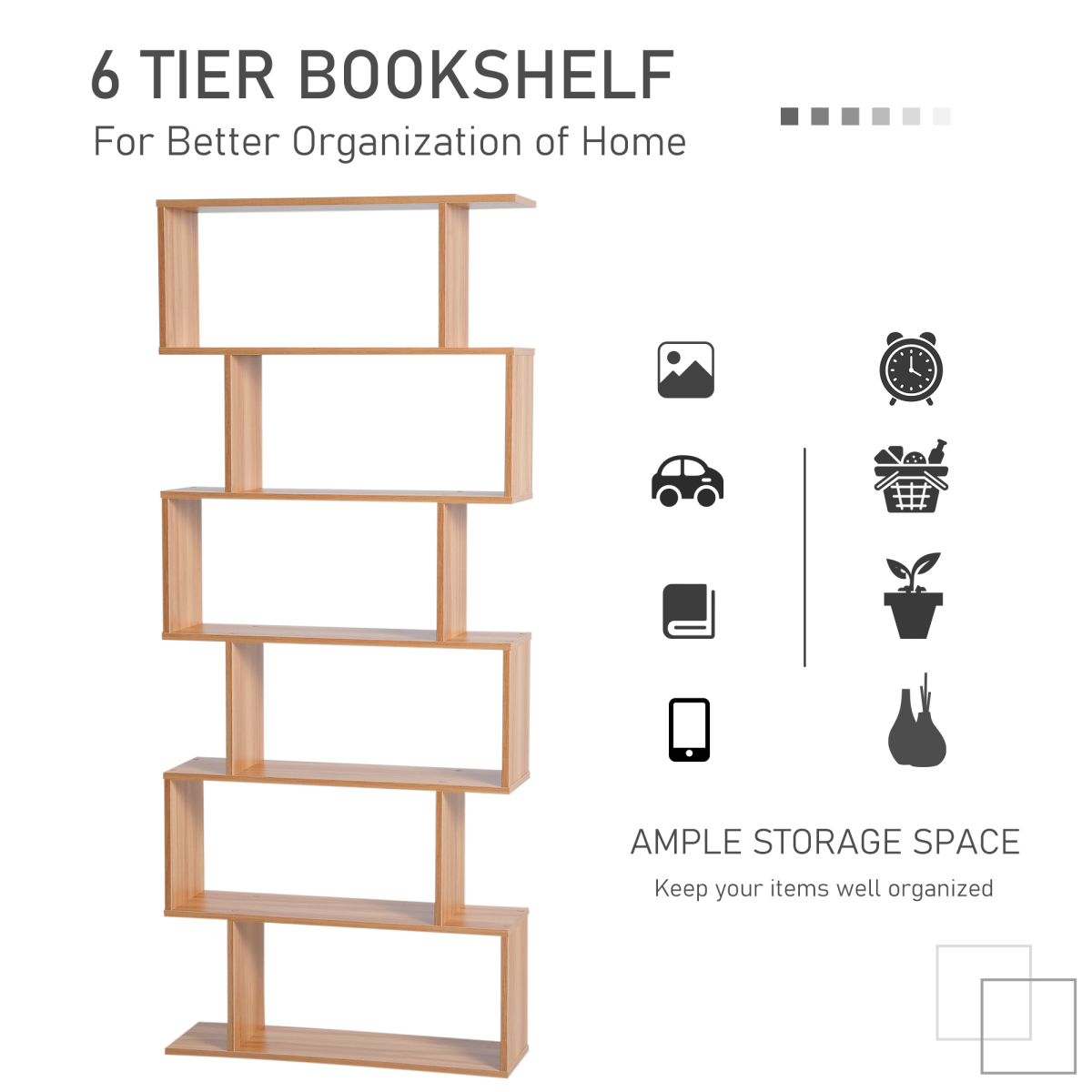 6-Tier Wooden S-Shaped Shelf Storage Unit Home Office Maple Colour