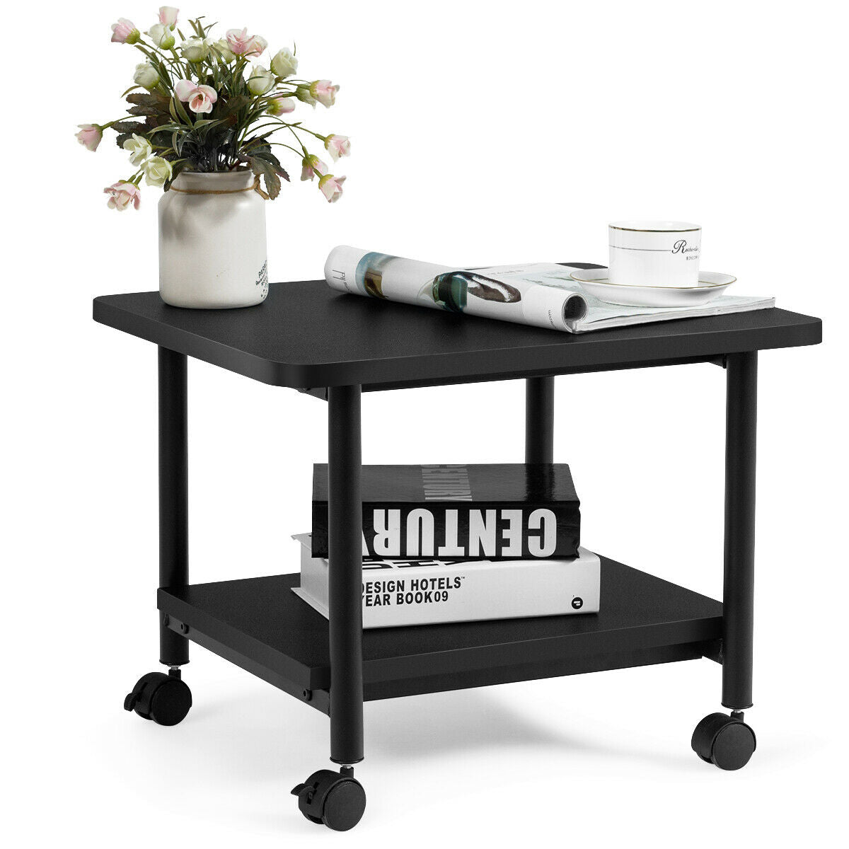 2 Tier Wooden Printer Stand with 360° Swivel Casters-White