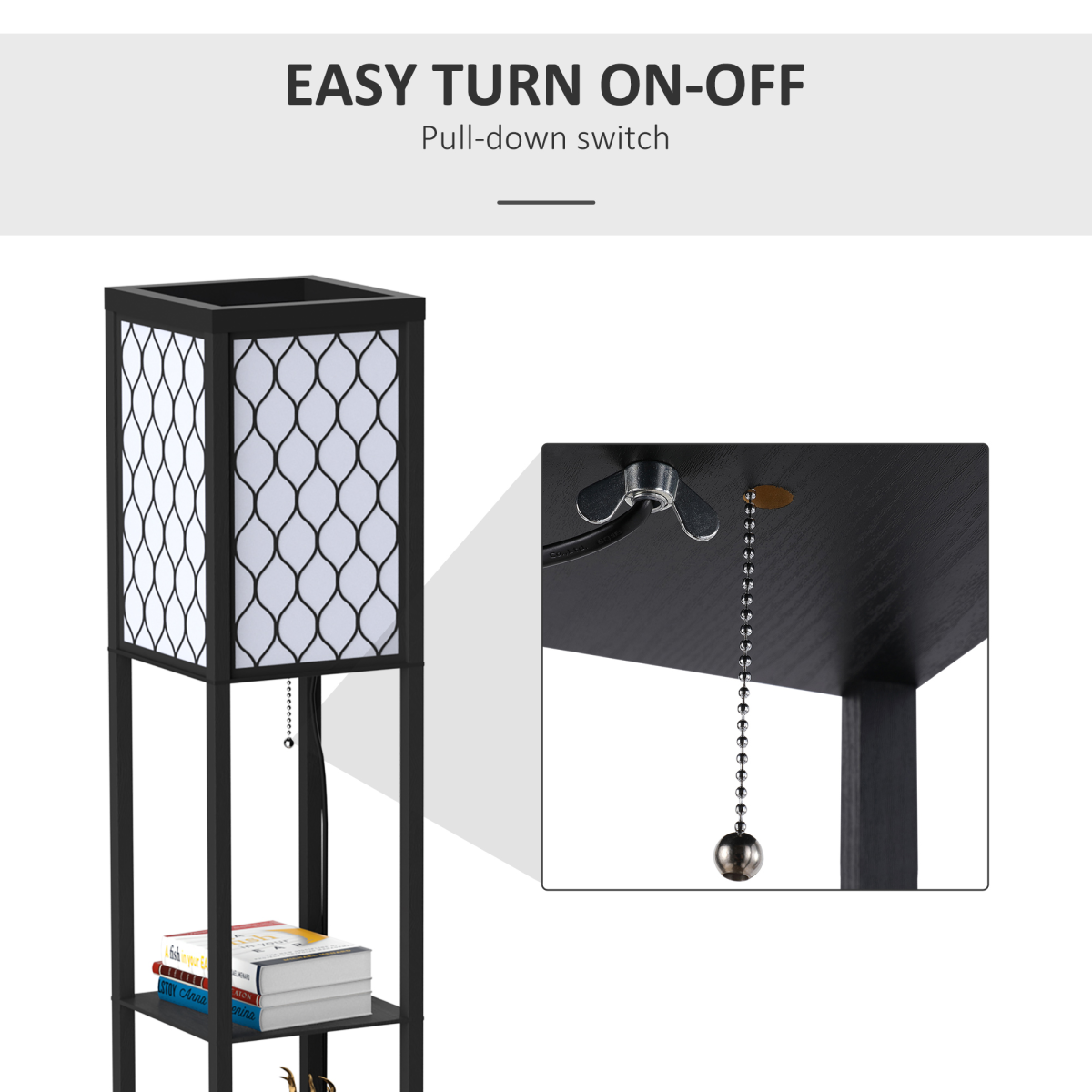 HOMCOM Modern Floor Lamp Light with 3 Shelves Fabric Lampshade Black