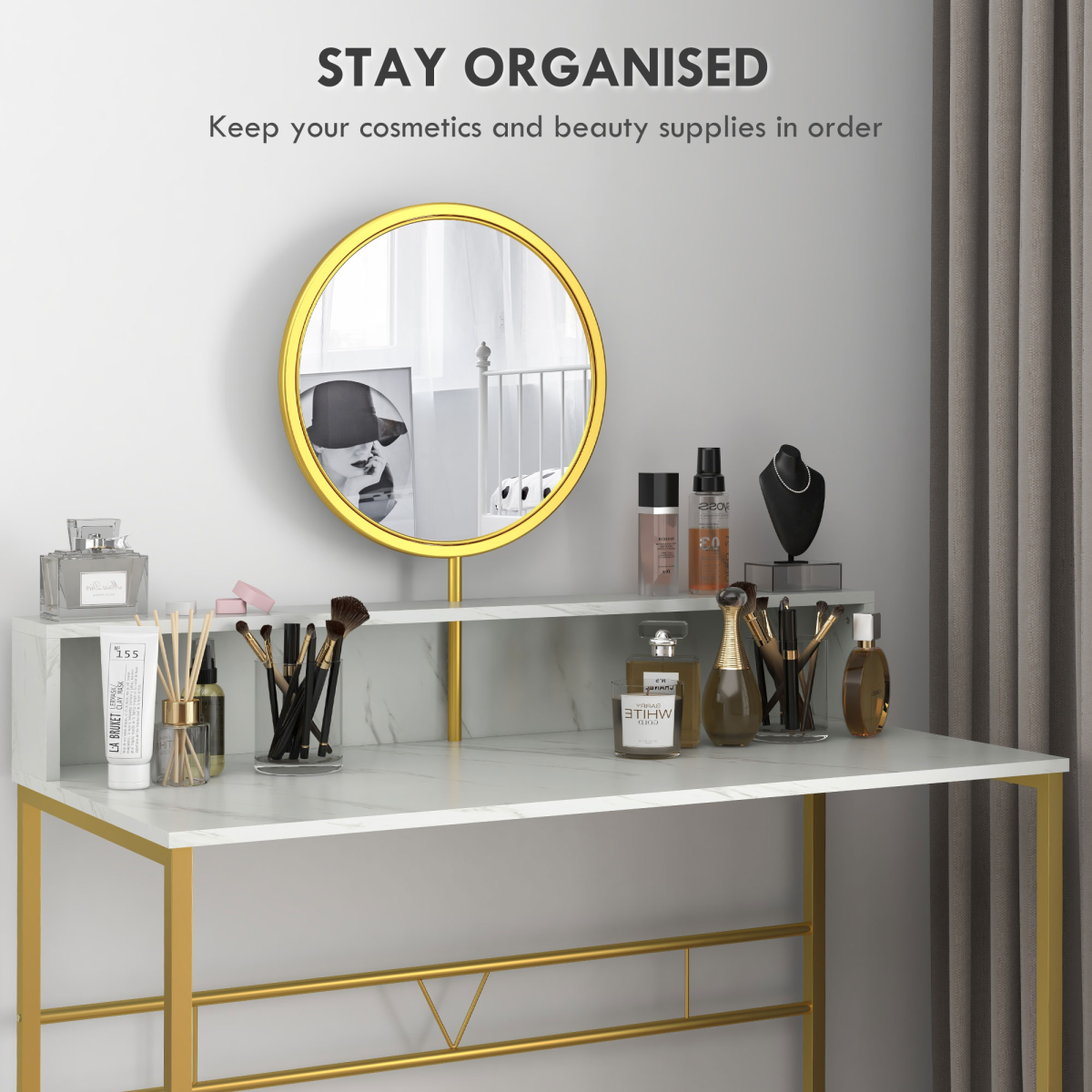 Dressing Table with Round Mirror, Vanity Makeup Desk Faux Marble Texture White