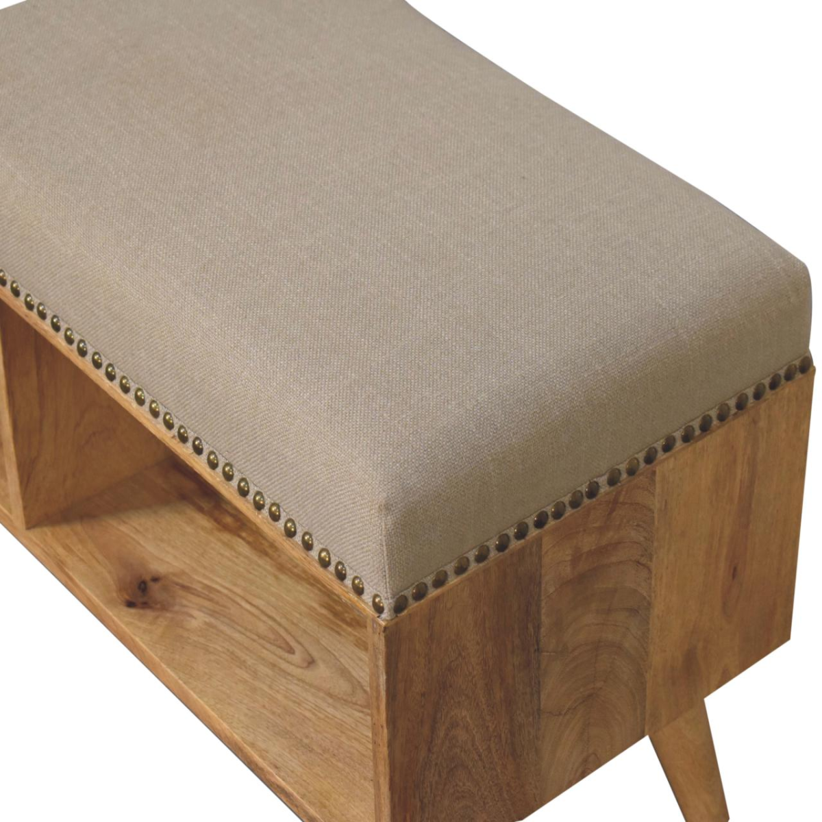Artisan Furniture Solid Wood Studded Linen Open Bench, Upholstered, 2 Open Slots, Beige