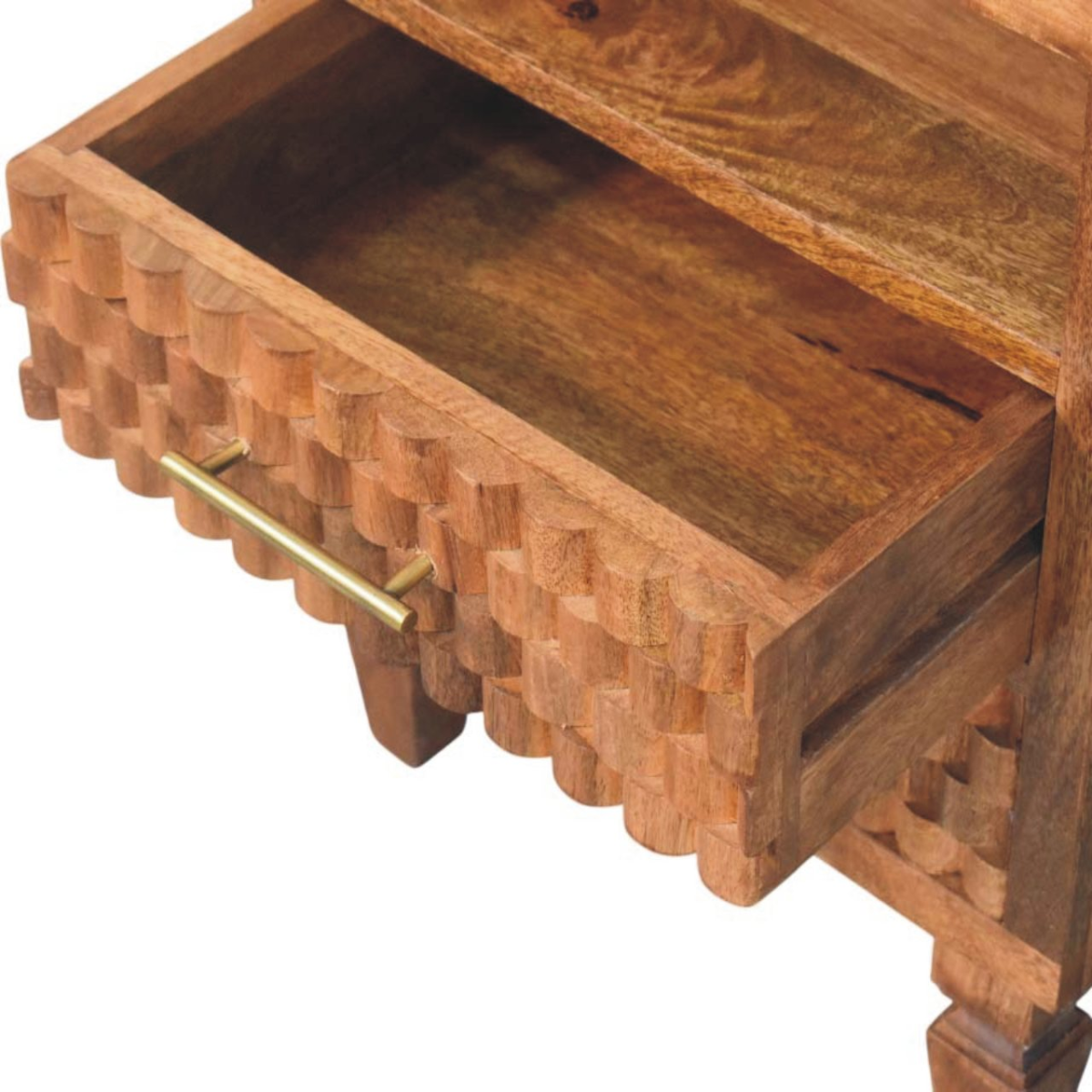 Artisan Furniture Solid Wood Arno Bedside in Golden Teak, 2 Drawers, 1 Open Slot, Beige