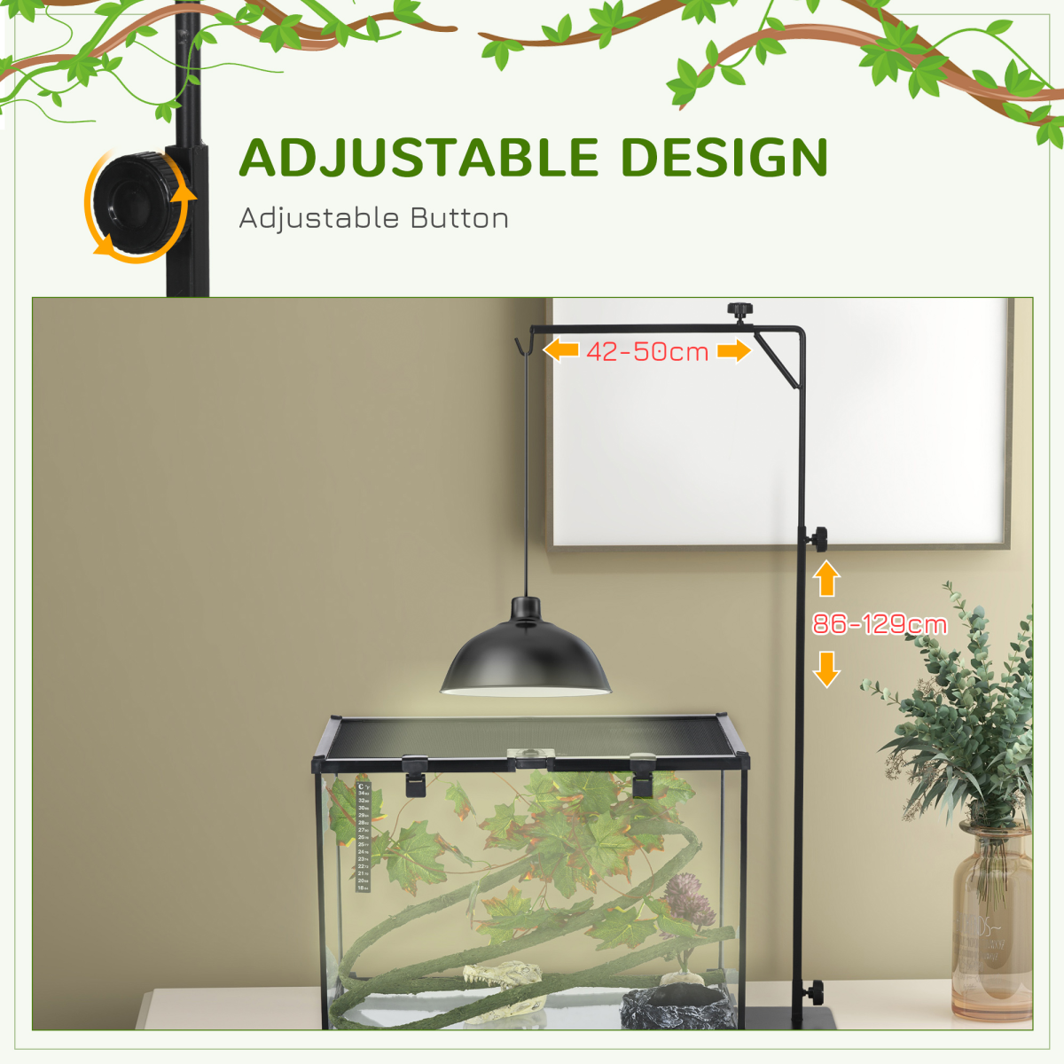 PawHut Reptile Lamp Stand, 86-129Hcm Adjustable Lamp Holder w/ Base, Hook