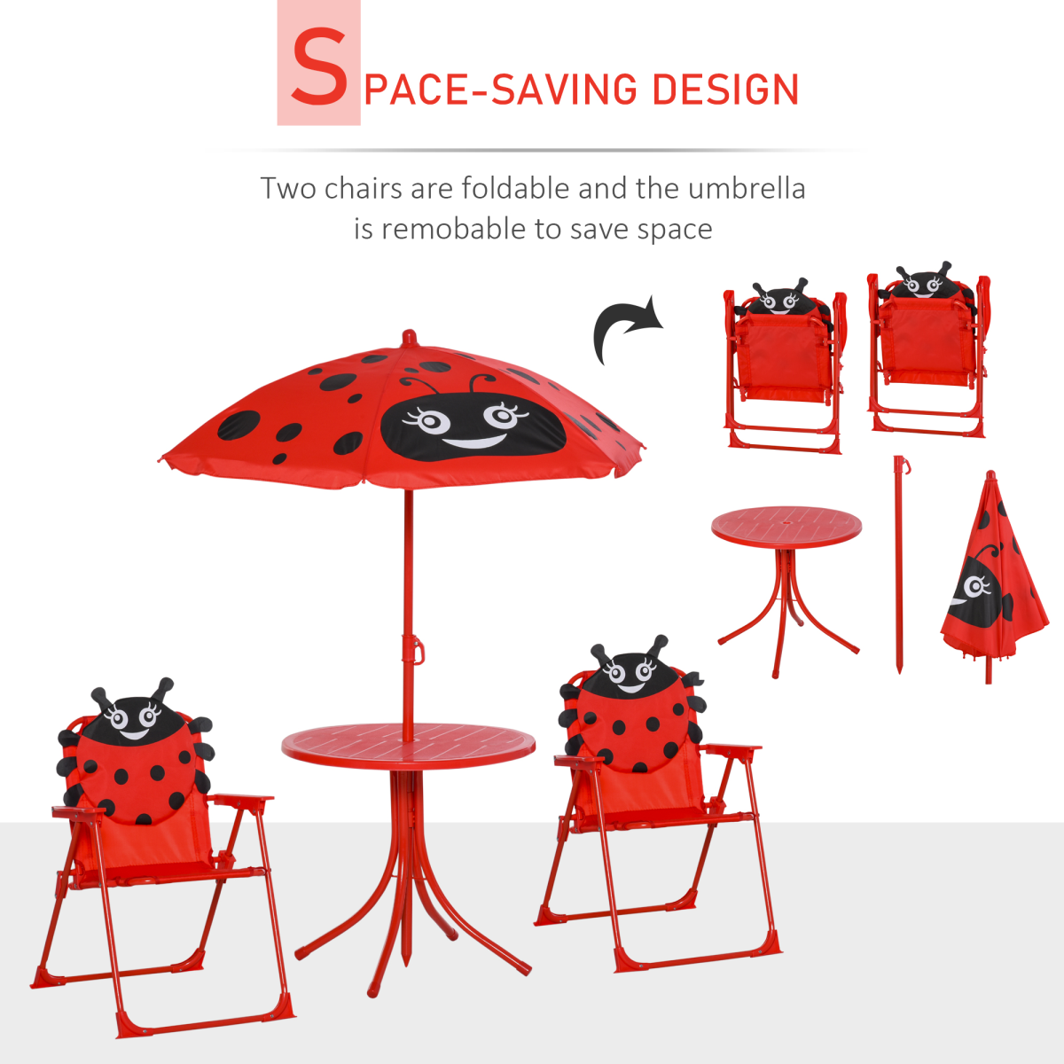 Kids Folding Picnic Table Chair Set Ladybug Pattern Outdoor