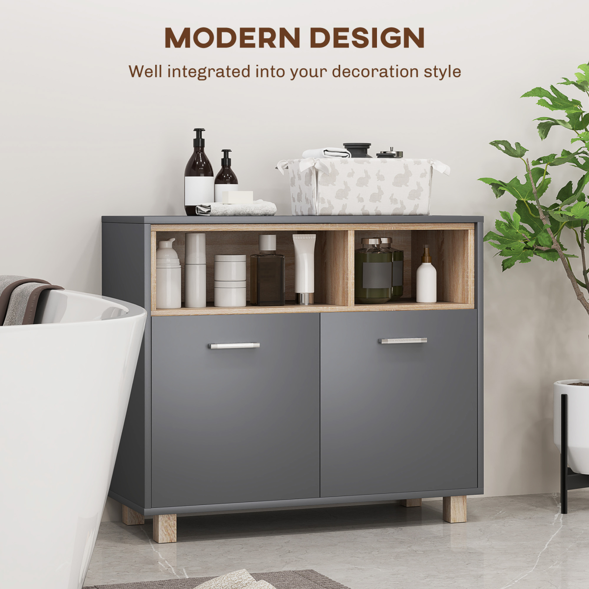 HOMCOM Bathroom Storage Cabinet with Open Compartments and Double Doors
