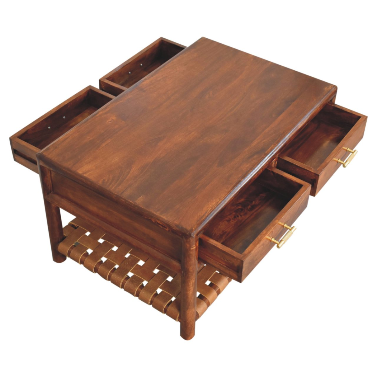 Artisan Furniture Solid Wood Regency Woven Console Table with 4 drawers, 1 Shelf, Dark Brown