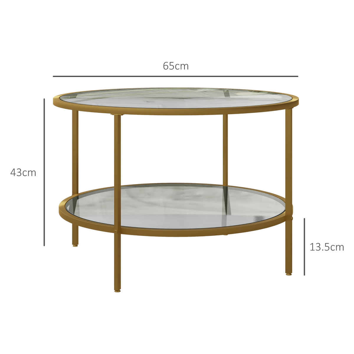 HOMCOM Round Coffee Table with Storage Shelf and Tempered Glass Top, Gold